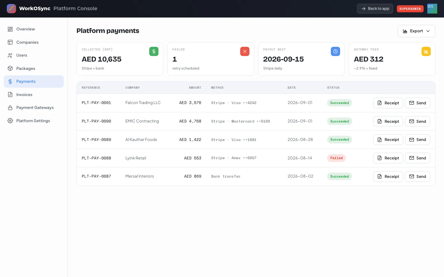 The Platform payments section with KPIs and a table of subscription payments