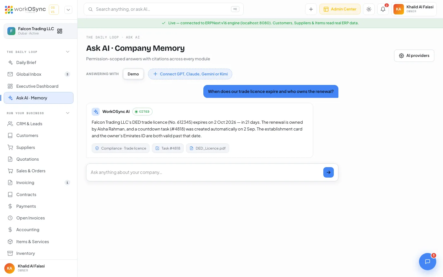 The Ask AI screen with the provider bar, the seeded example turn with citation chips, and the question input