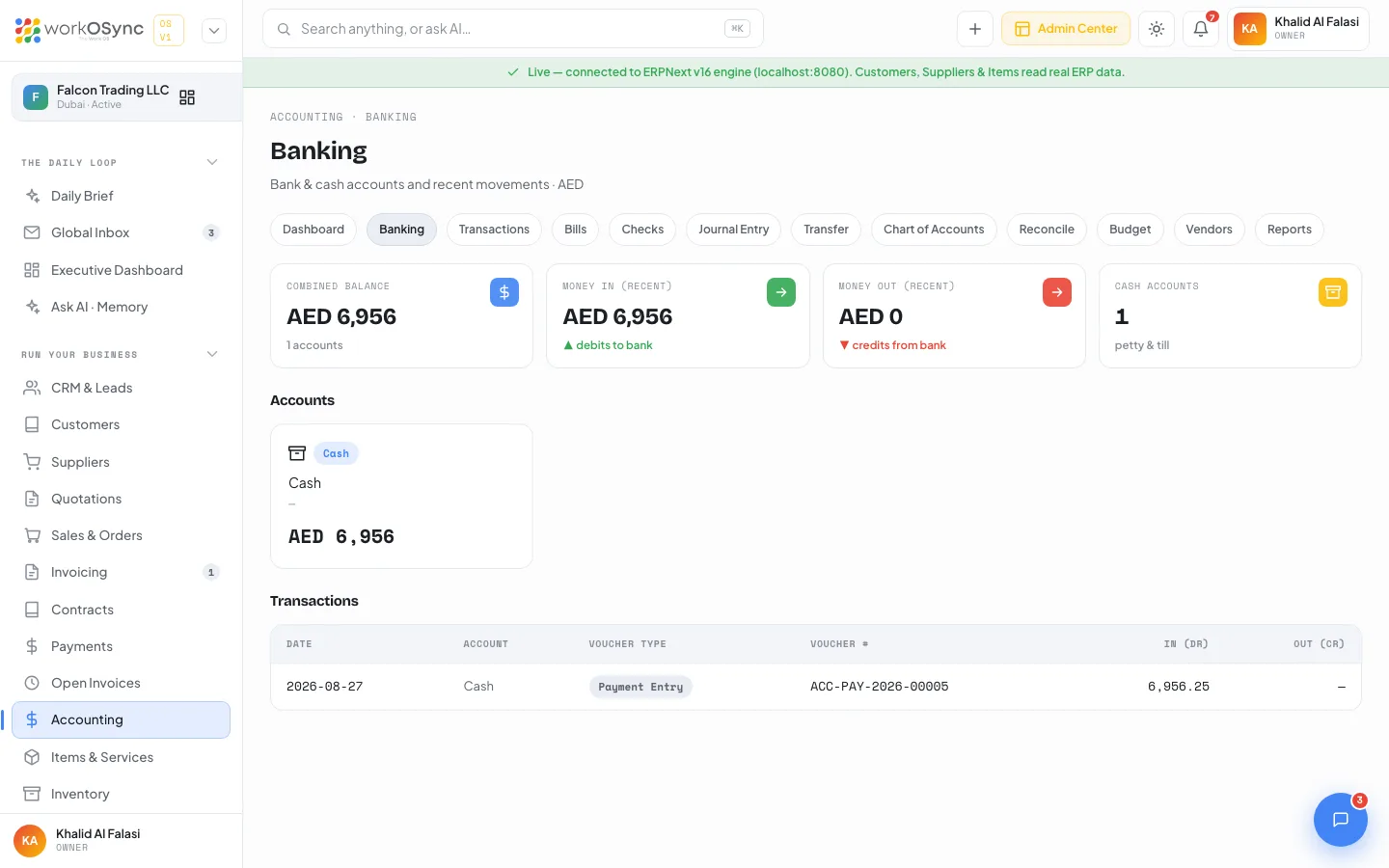 The Banking screen with account cards and the recent transactions table
