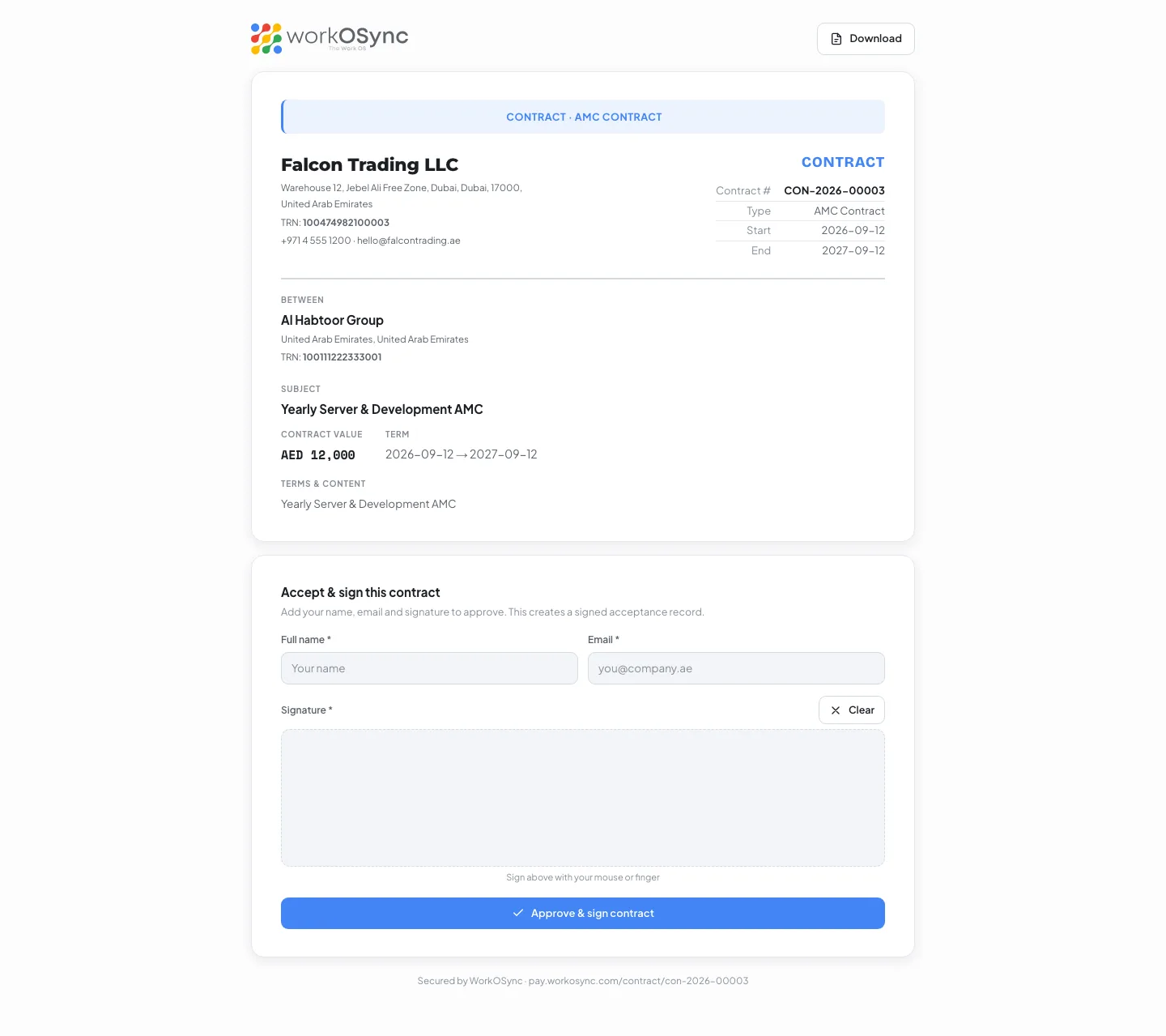 The public contract signing page with the document and the Accept and sign panel