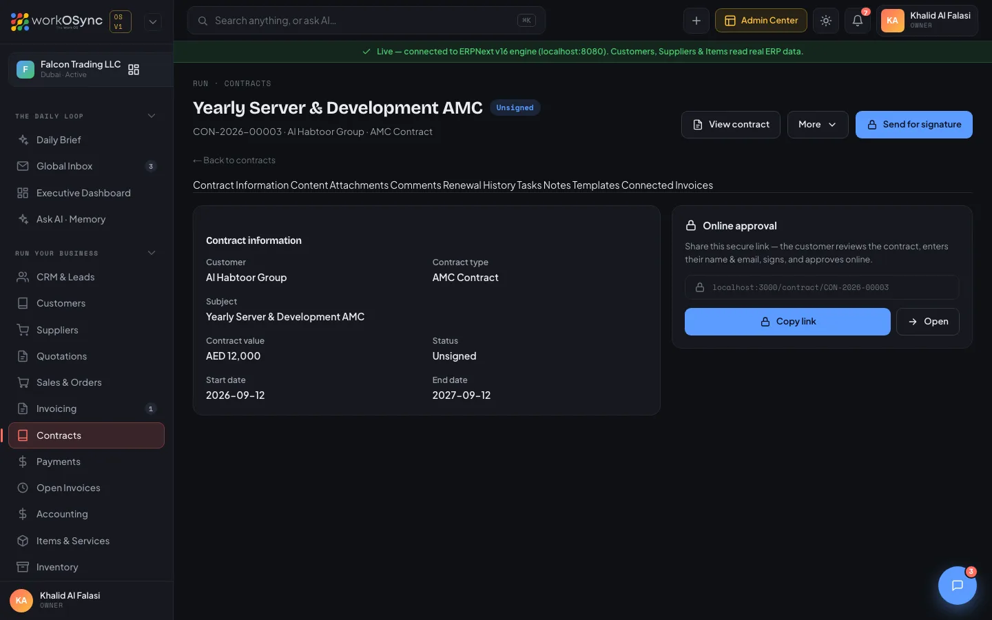 A contract detail page with its tabs, the Contract Information tab and the Online approval card