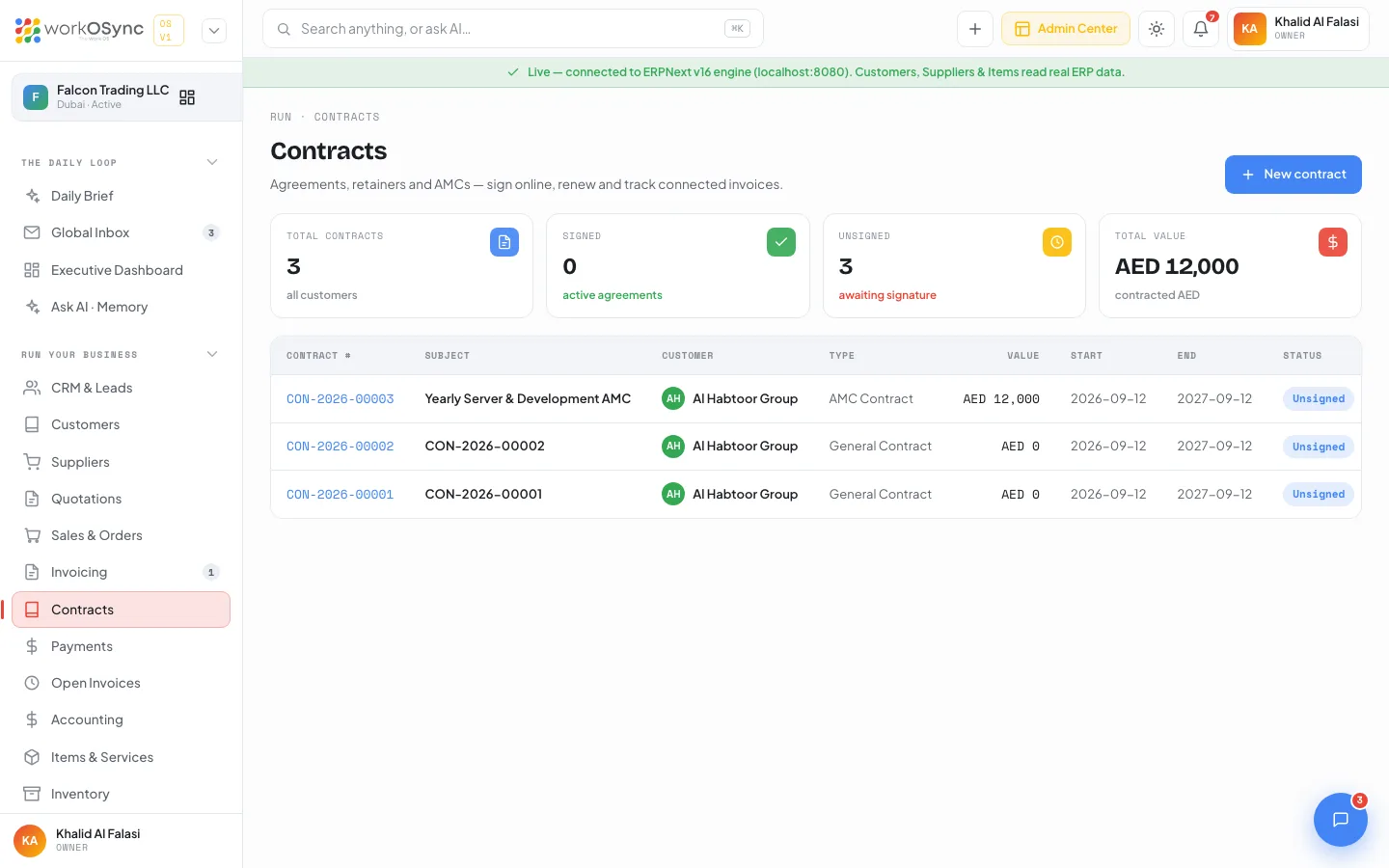 The Contracts list with KPI tiles and a table of contracts, customers, values and status