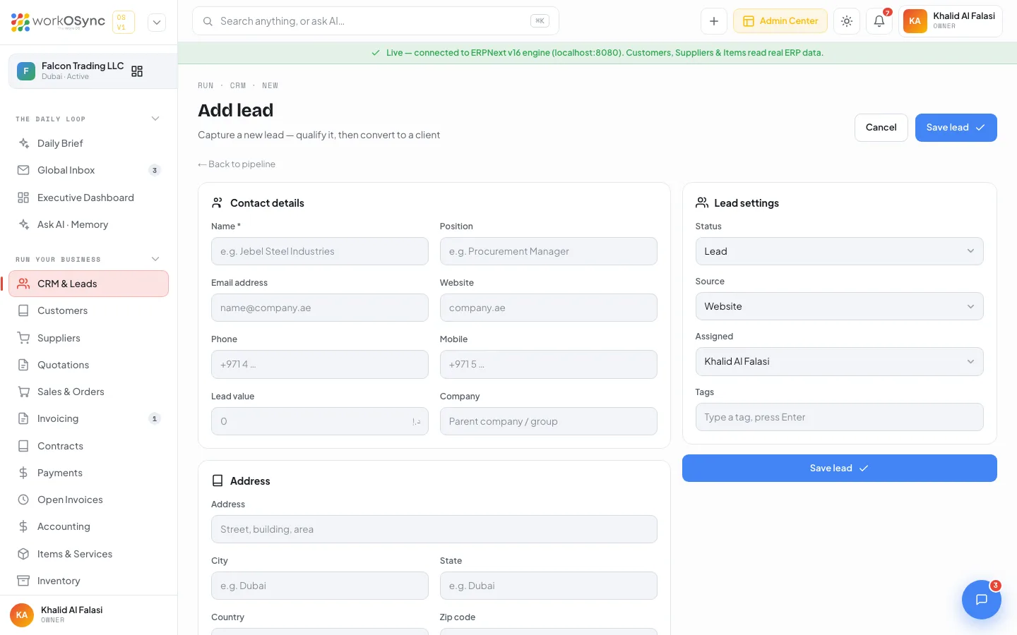 The Add lead form with Contact details, Address and More cards and the Lead settings sidebar