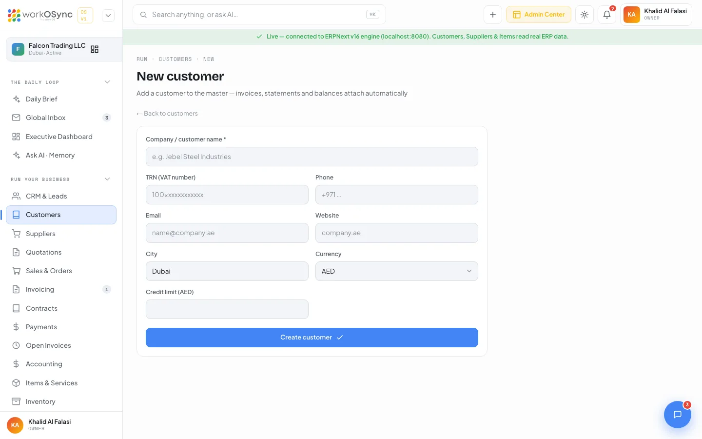 The New customer form with name, TRN, contact, city, currency and credit limit fields