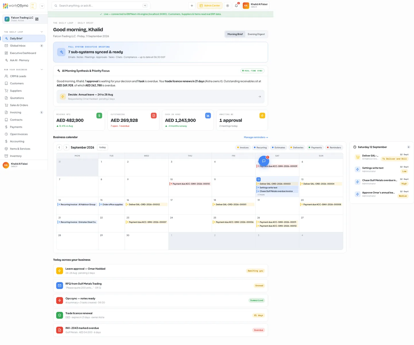 The WorkOSync Daily Brief with the AI synthesis, KPI tiles and the business calendar