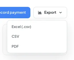 The Export dropdown open with Excel, CSV and PDF options