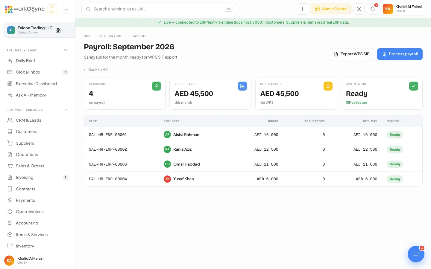 The Payroll run page with headcount, gross, net and WPS status KPIs and the salary slip table