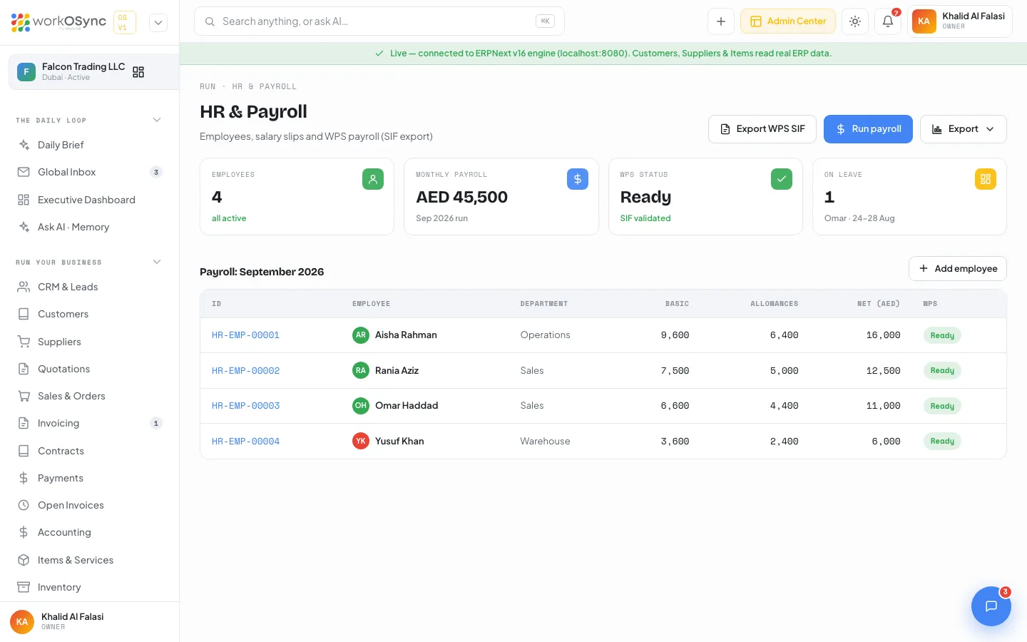 The HR and Payroll screen with four KPIs and the September payroll table
