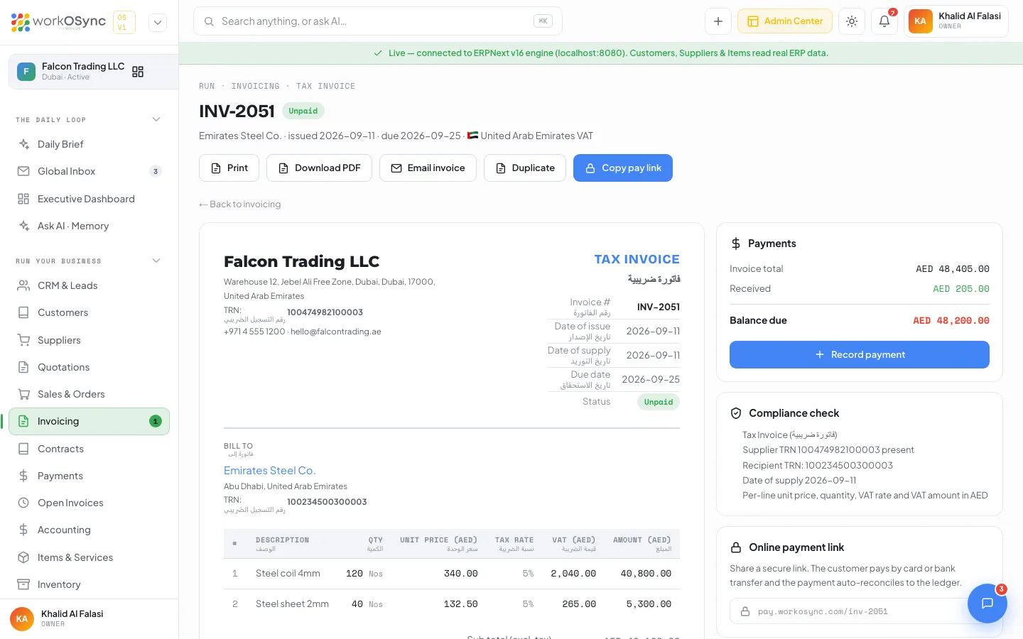 A posted tax invoice with the printable document and the payments panel