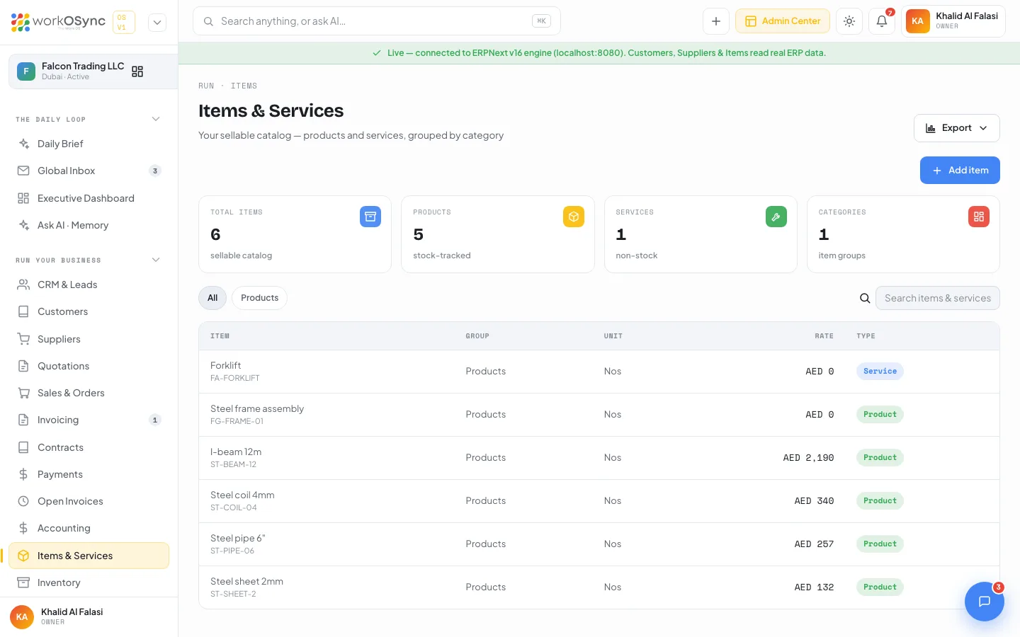 The Items and Services catalogue with KPI tiles, category chips, search and a table of items
