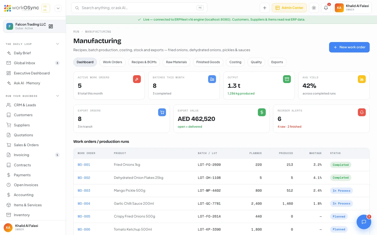 The Manufacturing dashboard with two KPI rows, the work orders table, recipes table and stock cards