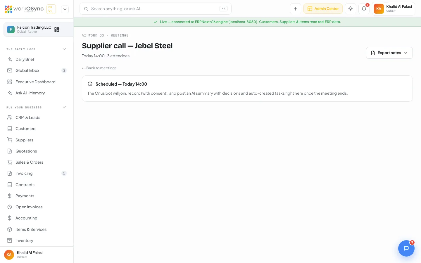 A summarized meeting detail with KPIs, the AI summary and decisions, and the action items created as tasks