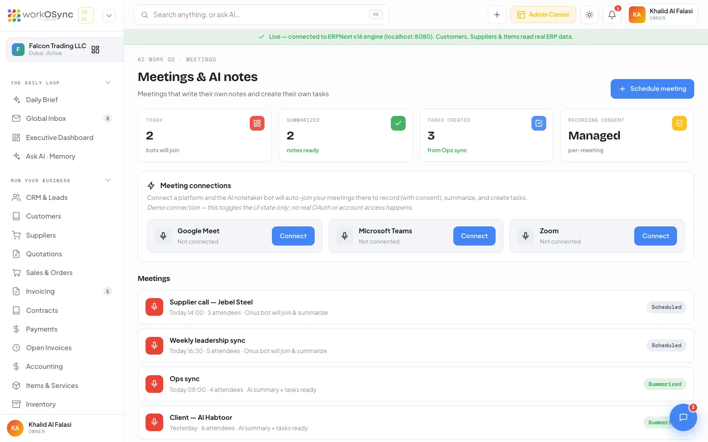 The Meetings page with four KPI tiles, the meeting connections card, the meeting list and the AI notes card