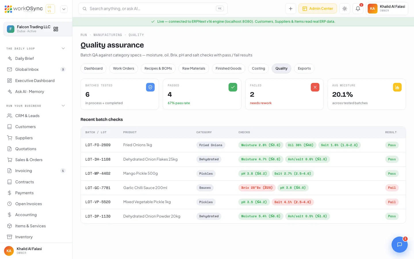 The Quality assurance screen with pass and fail KPIs and the recent batch checks table