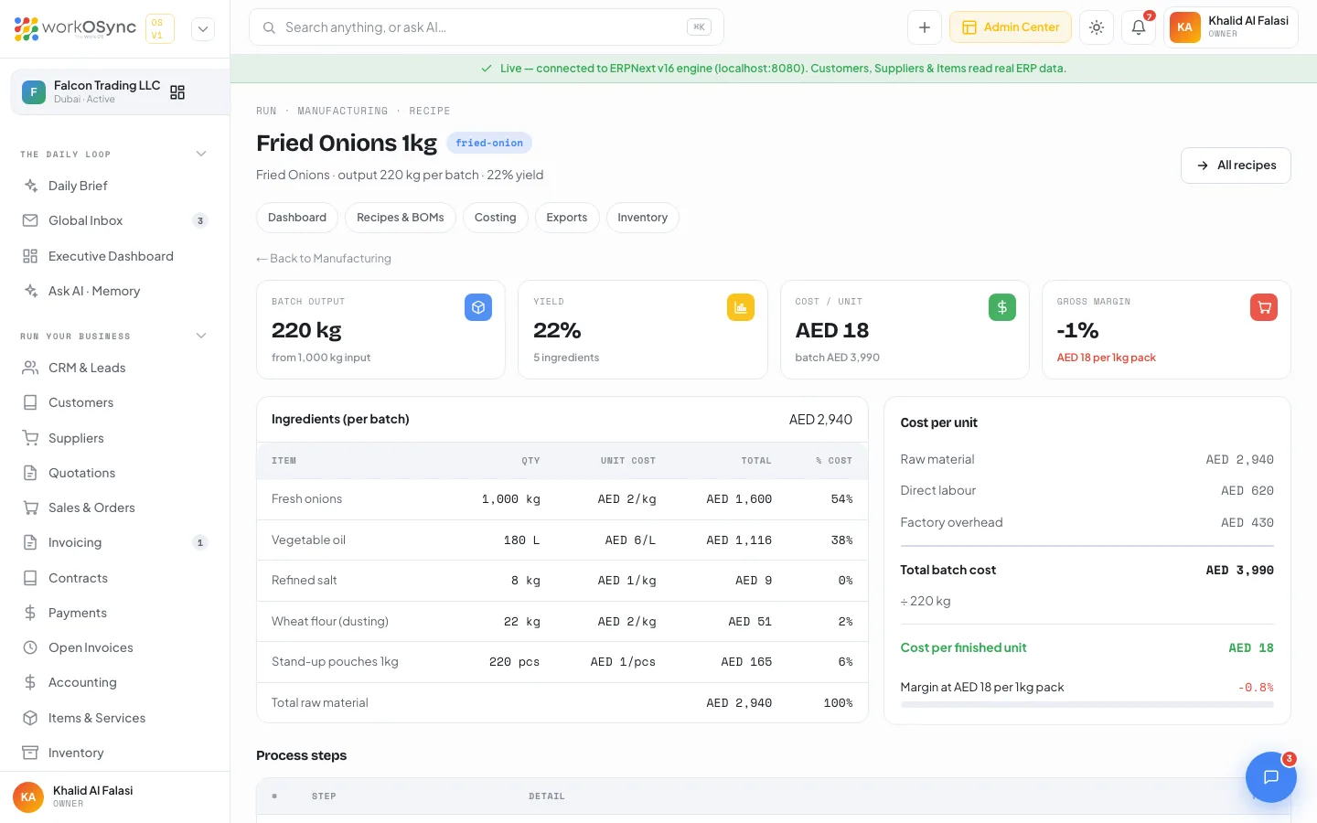 The Fried Onions 1kg recipe detail with KPIs, the ingredients card, cost per unit and process steps
