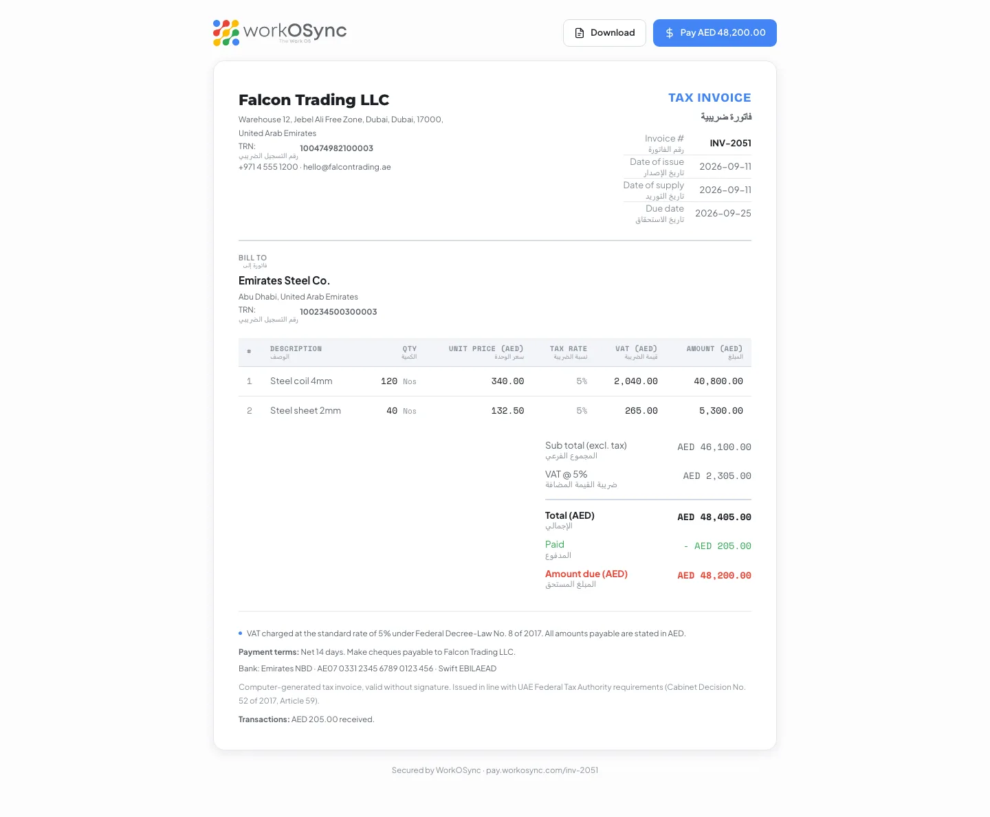 The public pay page showing the tax invoice, the status banner and the Pay button