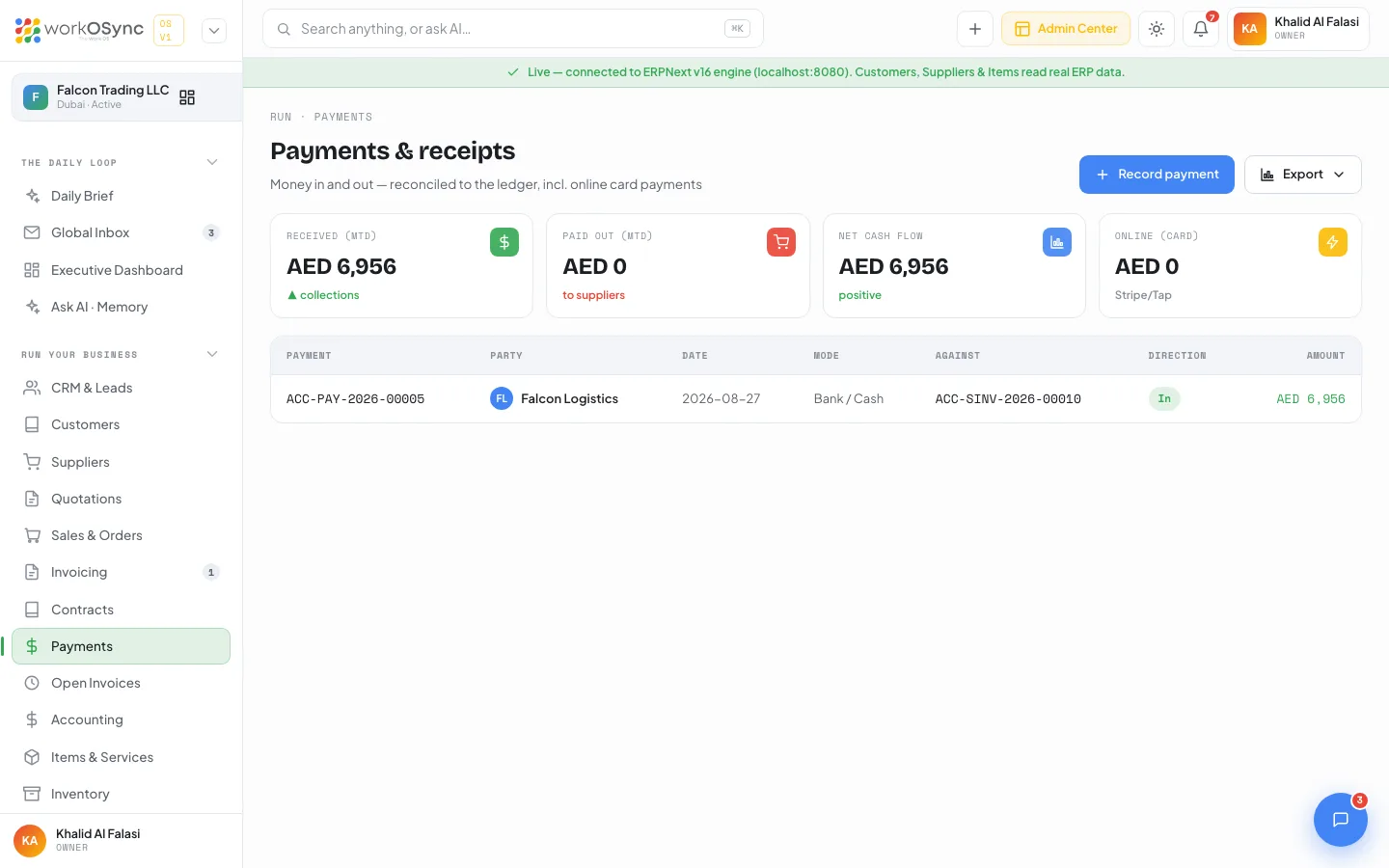 The Payments and receipts list with KPI tiles and a table of payments in and out