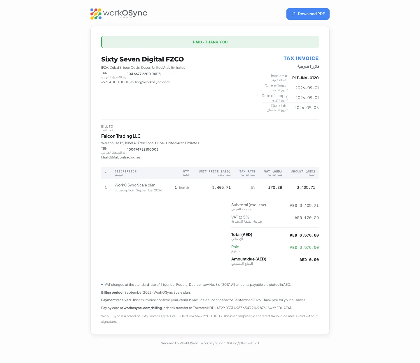 A WorkOSync subscription tax invoice