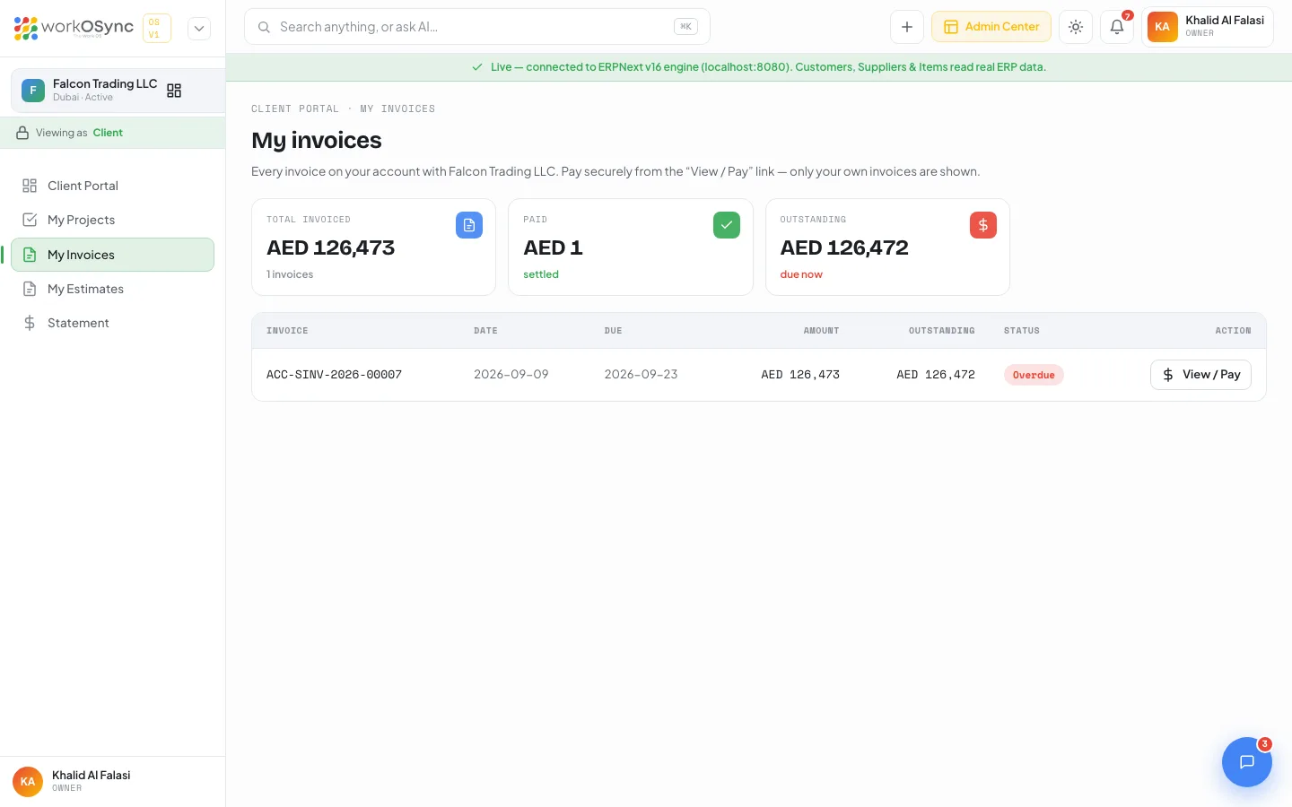 The My invoices page in the client portal with totals and the invoice table with View / Pay actions