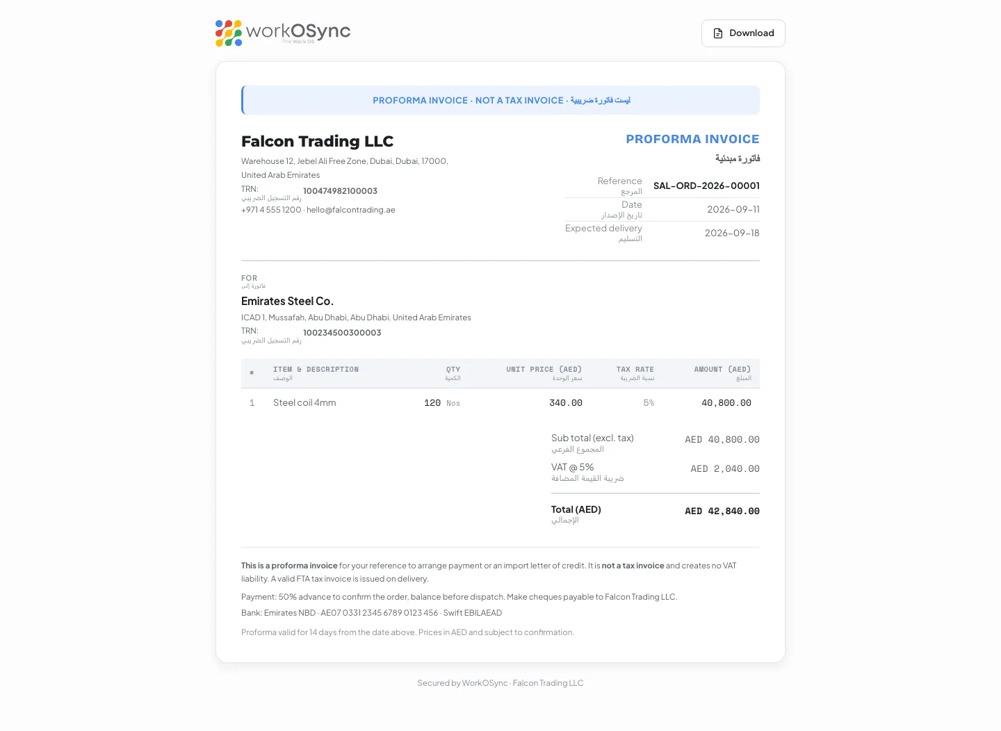 The public proforma invoice page with the not-a-tax-invoice banner, order lines and totals