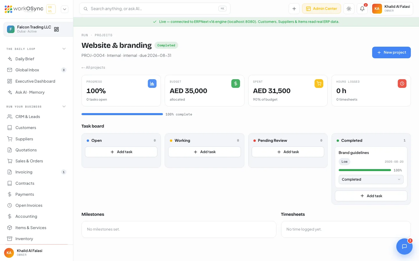 A project hub with four KPIs, the completion bar, the scoped task board, milestones and timesheets