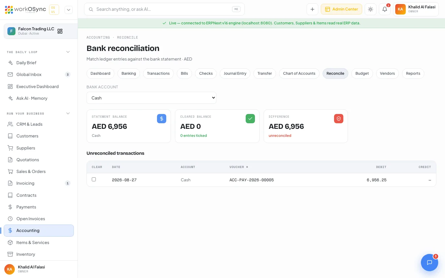 The Bank reconciliation screen with the account selector, three KPIs and the unreconciled transactions table