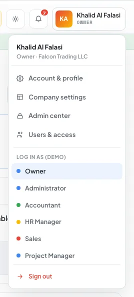 The user menu with the Log in as (demo) role buttons