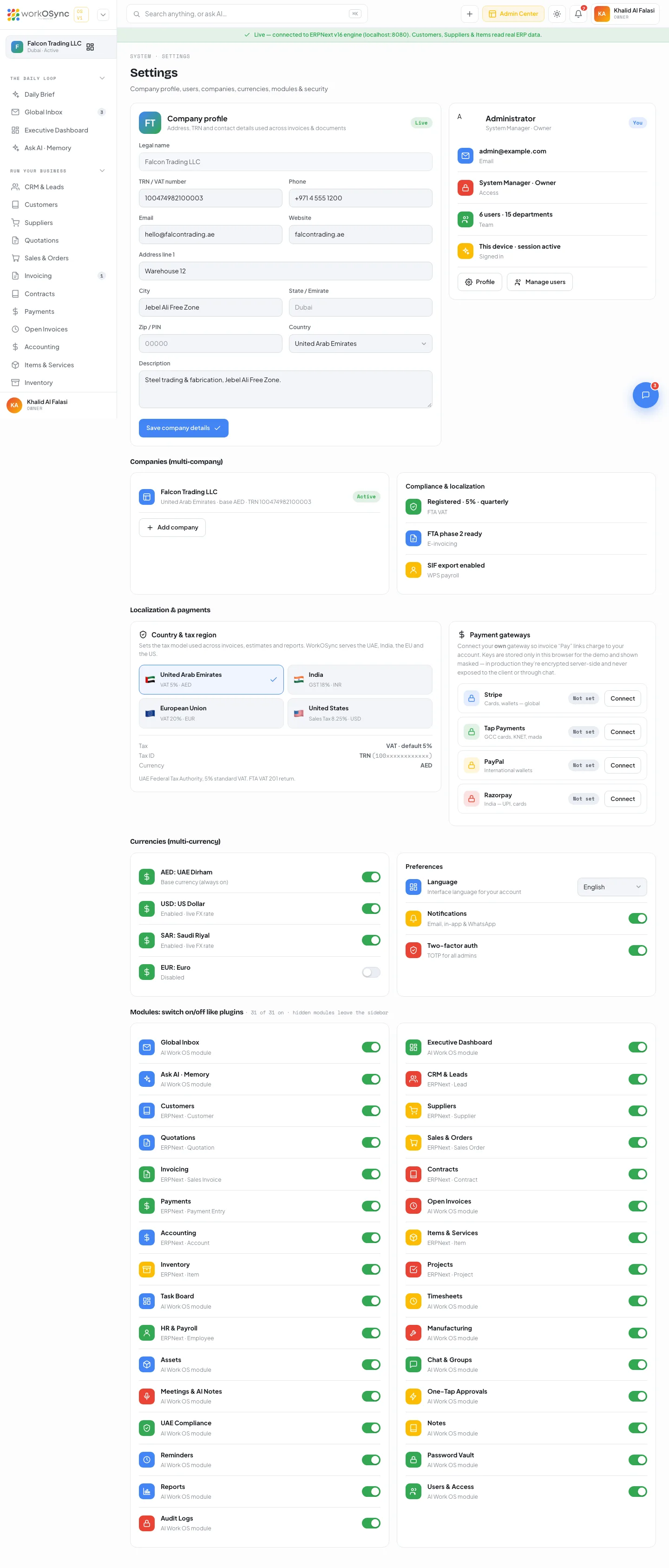 The Settings page with the modules switchboard listing every ERP and AI module