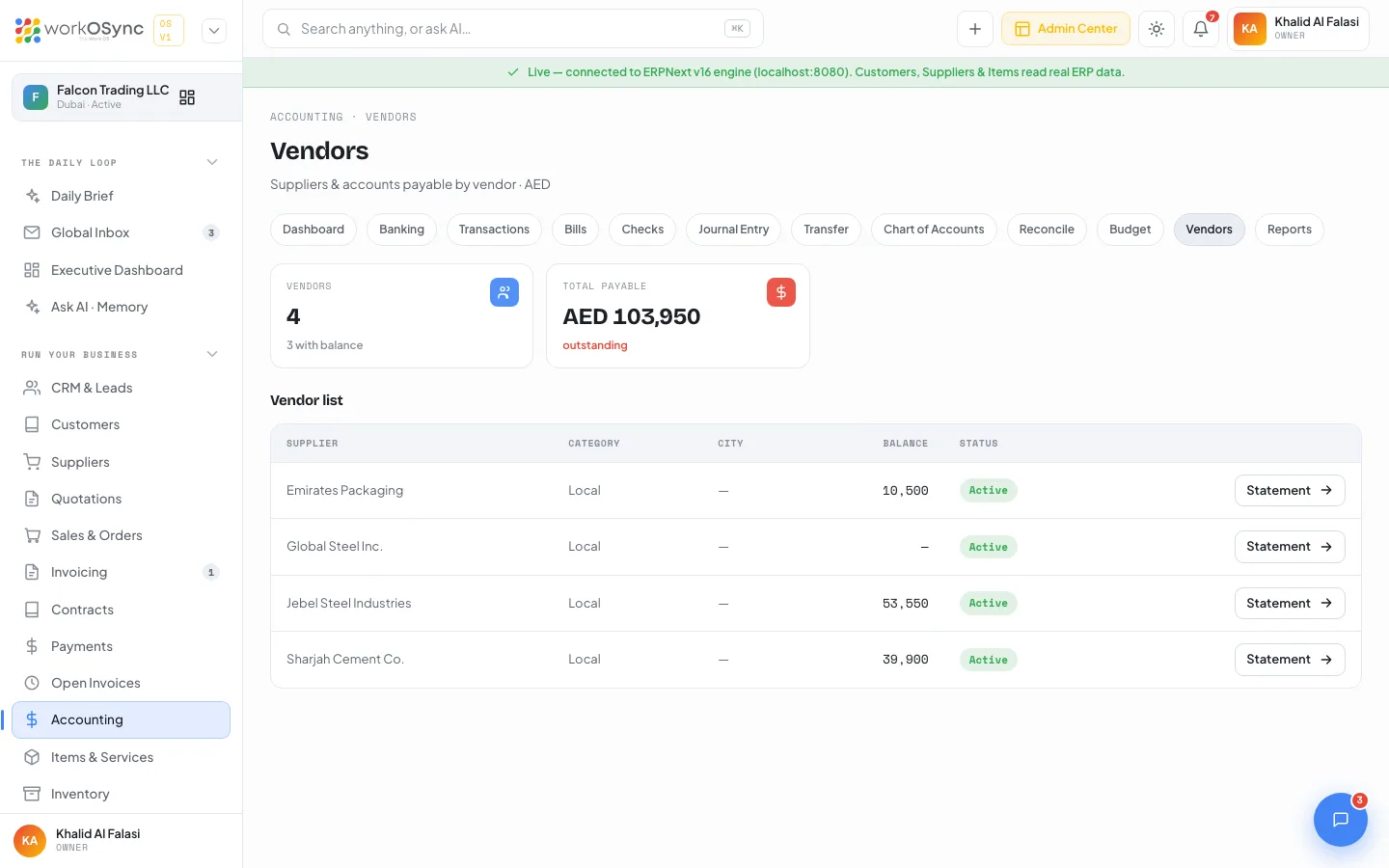 The Vendors screen with payable KPIs and the vendor list